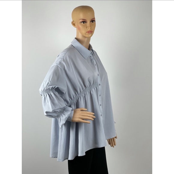 Ruffle Long Sleeve Asymmetrical Oversized Button-up Blouse - Picture 6 of 11